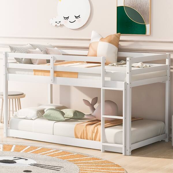 slide 2 of 14, Sturdy Pine Wood Twin over Twin Low Floor Bunk Bed White