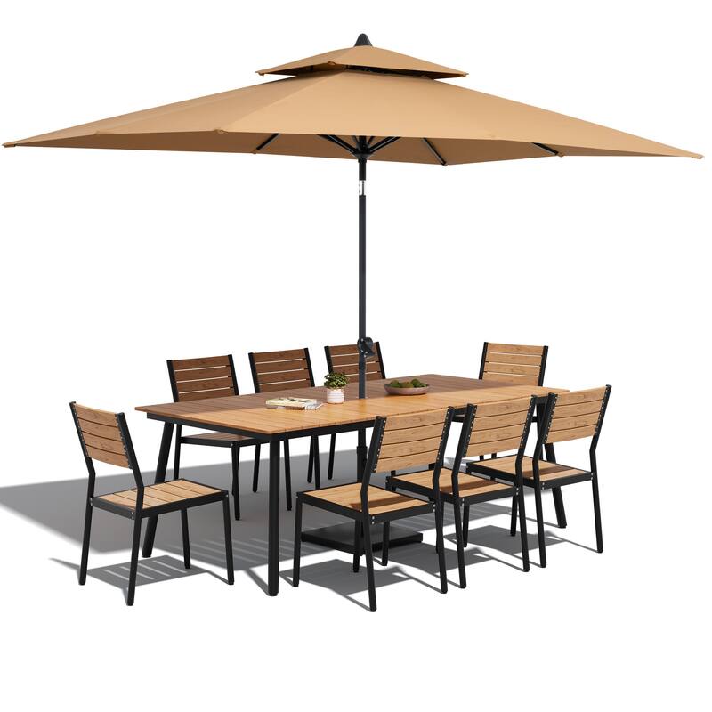 11-Piece Patio Dining Set Aluminum Table and 8 Stackable Chairs w/10 ft Umbrella and Base Stand