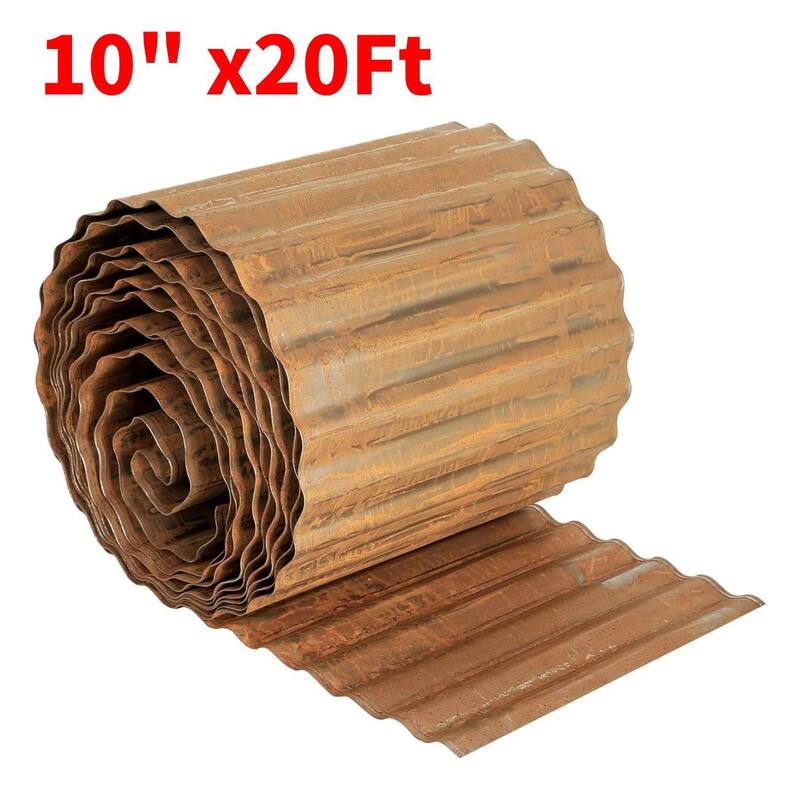 10" x20Ft Garden Galvanized Steel Landscape Fence, Corrugated Metal Garden Edging - Brown
