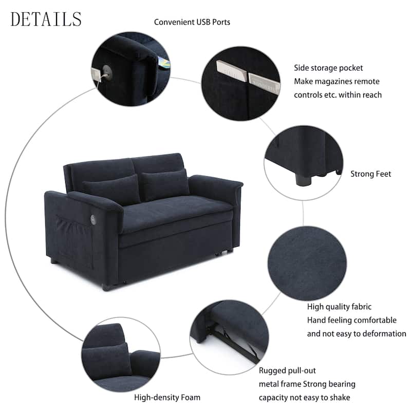 55" Velvet 2-Seater Convertible Sofa Bed, 3-in-1 Pull-Out Loveseat with Adjustable Backrest, USB Ports, Side Pockets