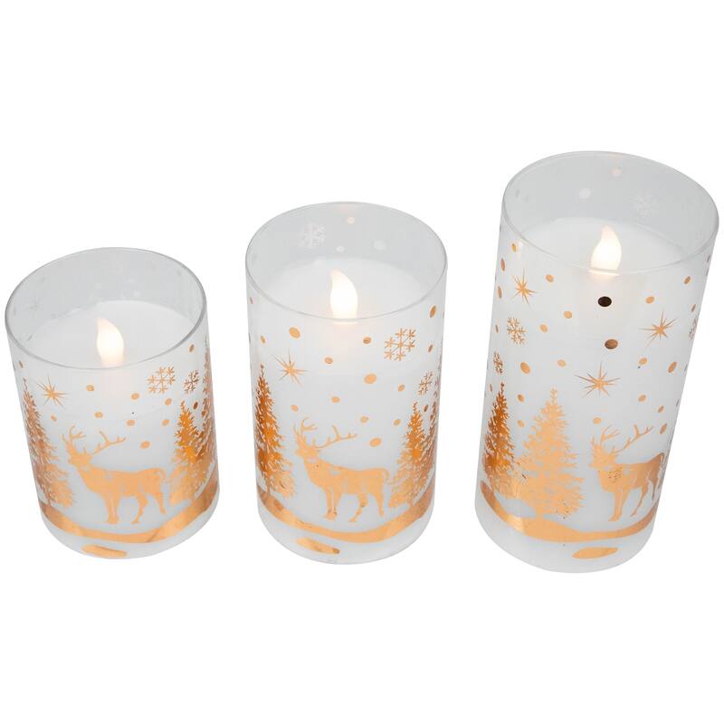 3 Woodland Flameless Flickering LED Christmas Glass Pillar Candles 6"