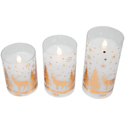 3 Woodland Flameless Flickering LED Christmas Glass Pillar Candles 6"