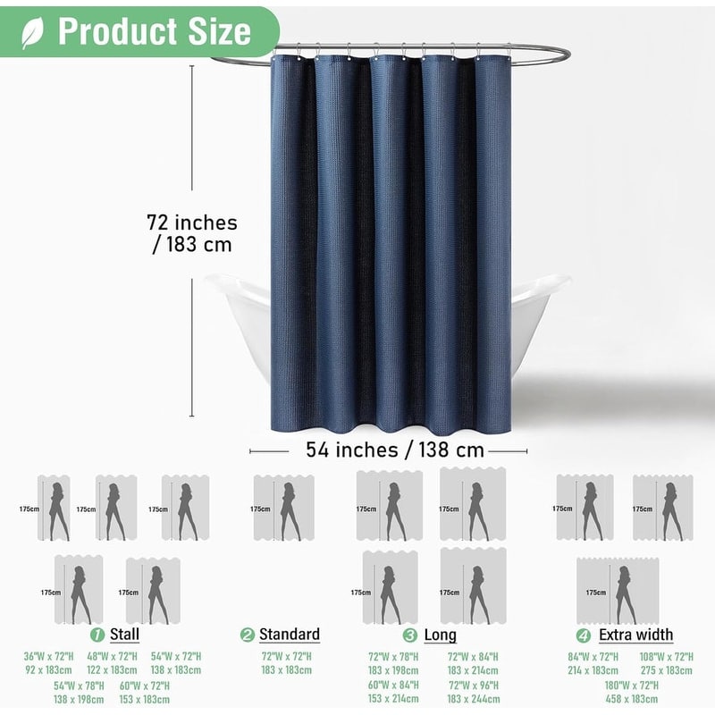 Waffle Textured Heavy Duty Thick Fabric Shower Curtain, Luxury Weighted Polyester Fabric Shower Curtain Set