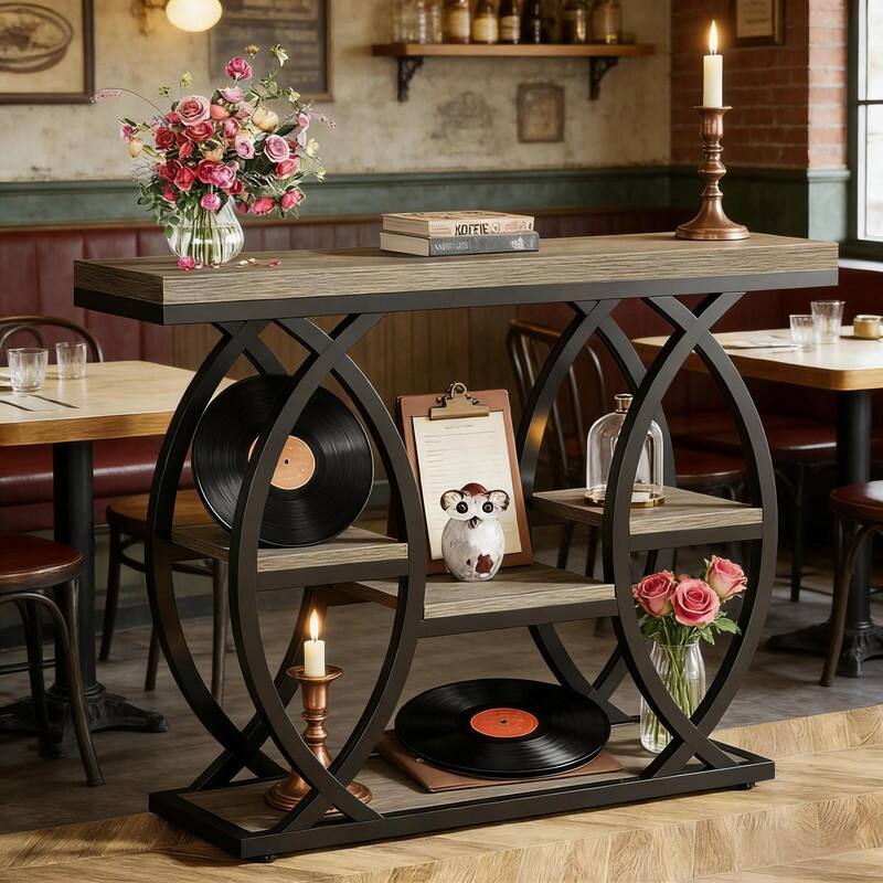 39" Industrial 4-Tier Console Table with Metal Frame and Staggered Shelves