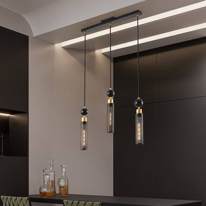 Modern Black and Gold 3-Light Pendant Chandelier, Adjustable Hanging Lights with Cylindrical Mesh Shades, E26 Base, Dining Room