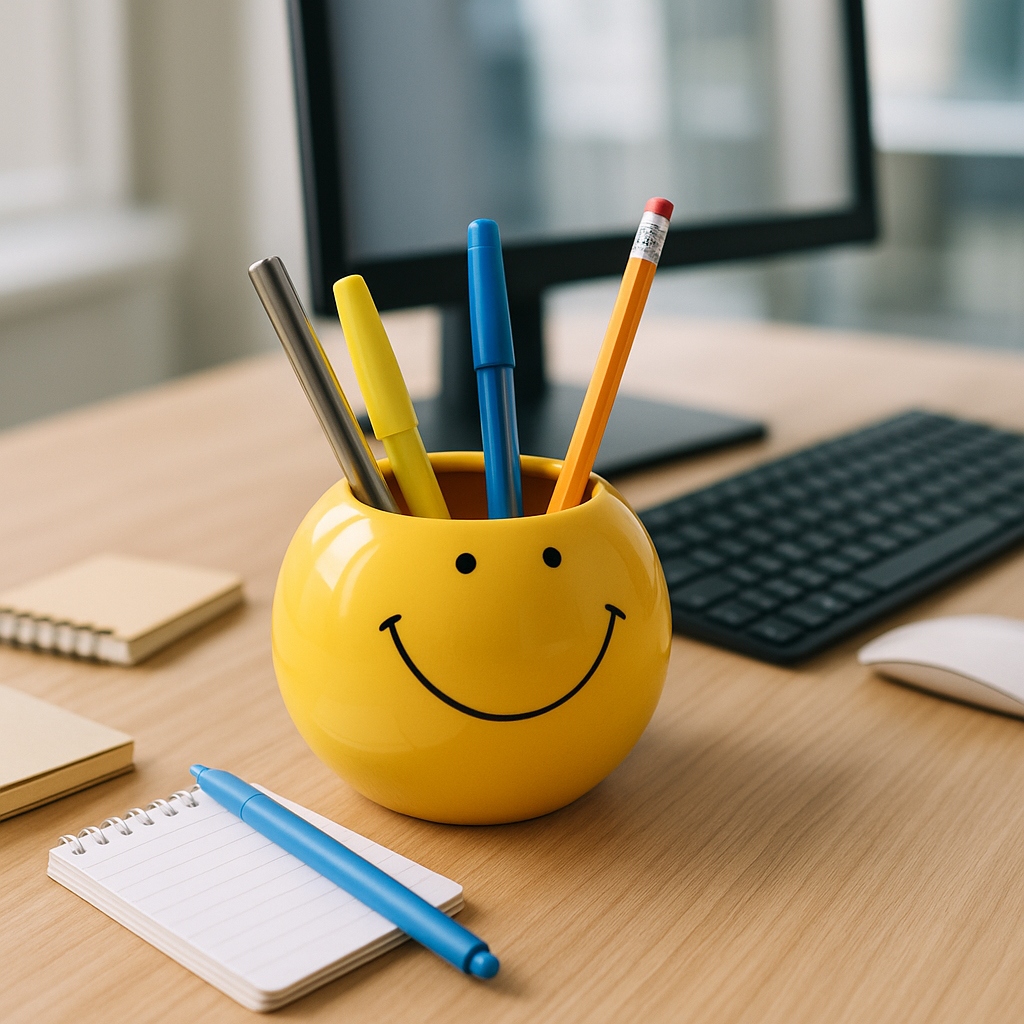 Chic Smiley Face Round Pencil Cup Storage - 4", Yellow & Black - 4.0"