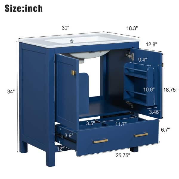 dimension image slide 15 of 35, GDFStudio - Aurora Wood Bathroom Vanity Set with Ceramic Sink and Divided Drawers