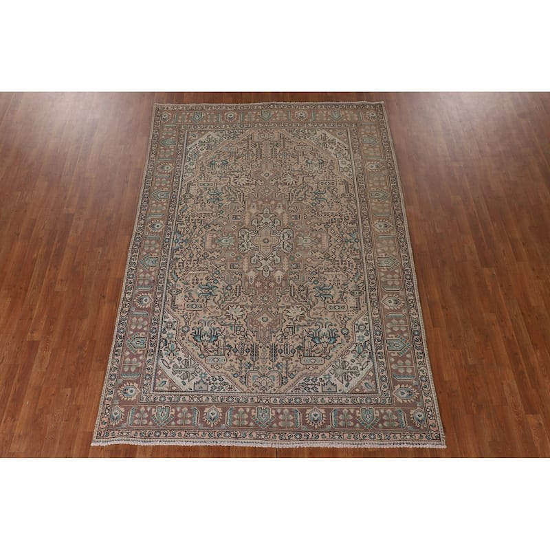 Geometric Peach Tabriz Persian Vintage Rug Hand-Knotted Wool Carpet - 6'4"x 9'5"