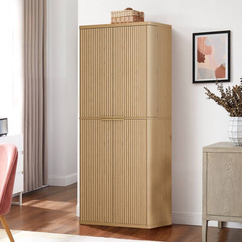 Modern 72"H Fluted Wood Kitchen Pantry Cabinet with 6 Shelves for Versatile Storage Solutions