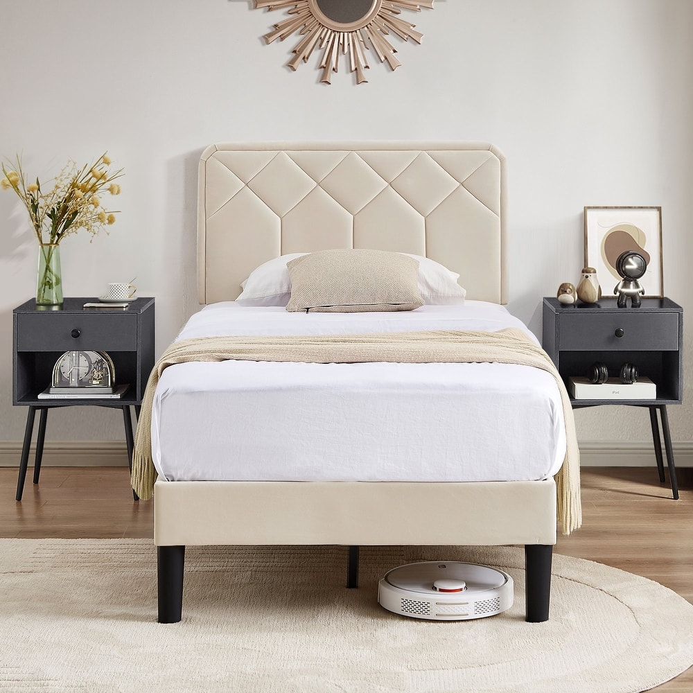 VECELO 3-Pieces Upholstered Beige Platform Bed Frame with Adjustable Headboard and Drawer Nightstands Set of 2
