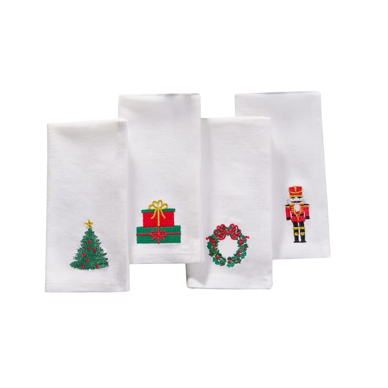 Holiday Embroidered Cotton Napkins, Set of 4 - 17x17 - White