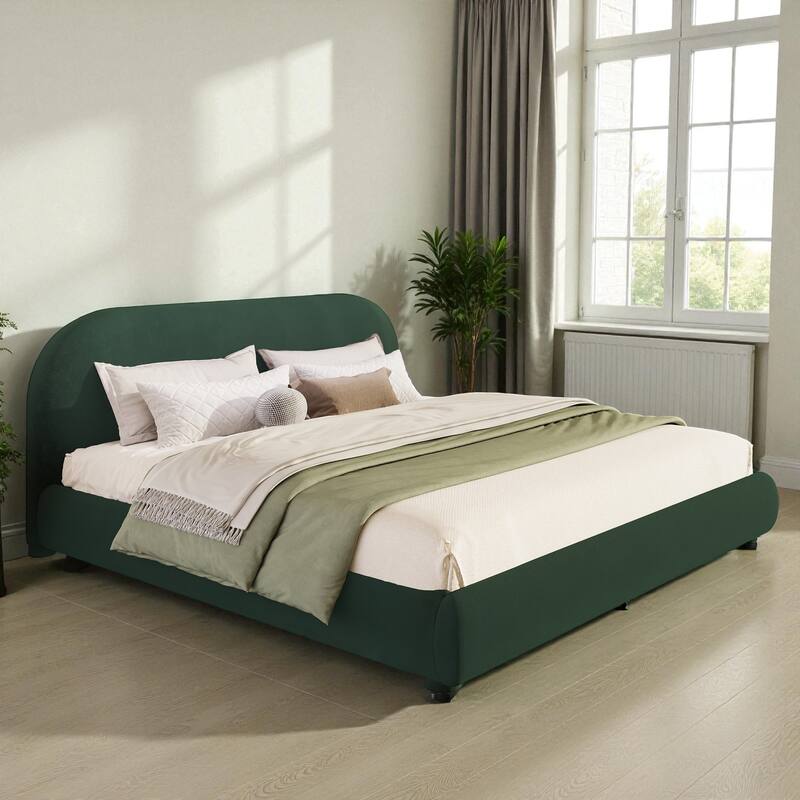 Modern Fabric Upholstered Bed with Curved Headboard, Strong Metal Frame, Queen/King Size Platform Bed