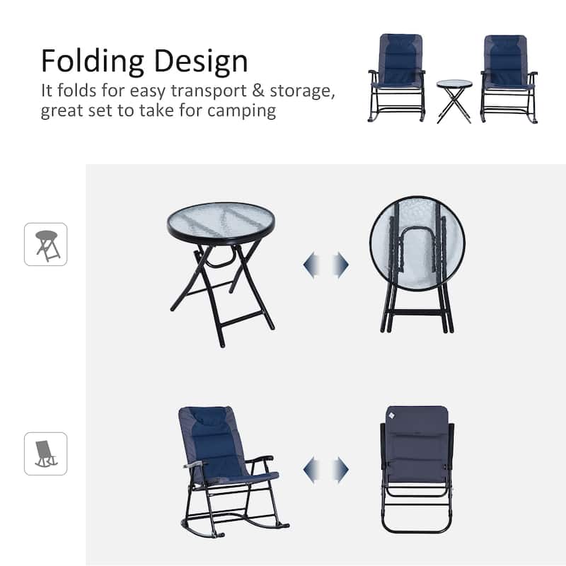 Patio Furniture Set with Glass Coffee Table & 2 Folding Rocking Chairs