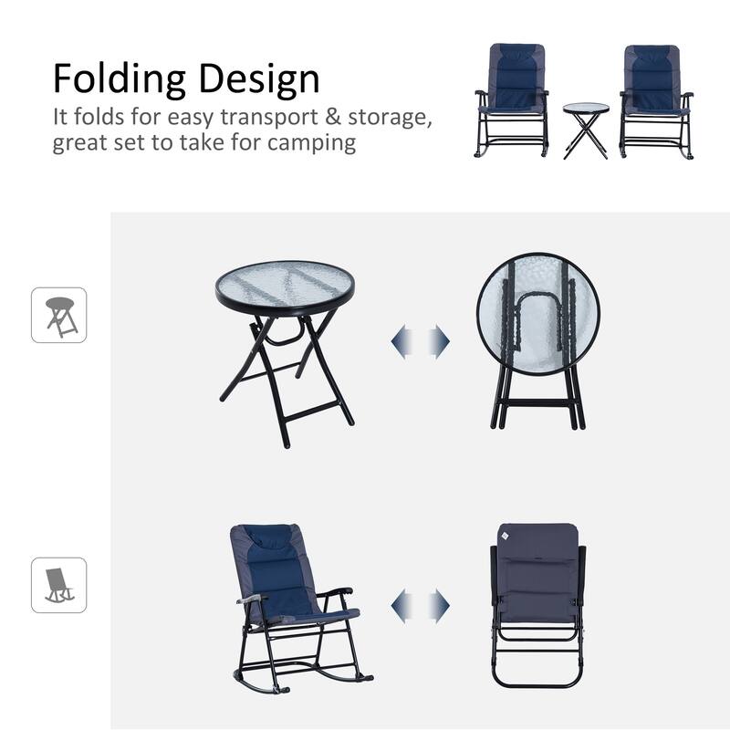 Outsunny 3 Piece Outdoor Patio Furniture Set with Glass Coffee Table & 2 Folding Padded Rocking Chairs
