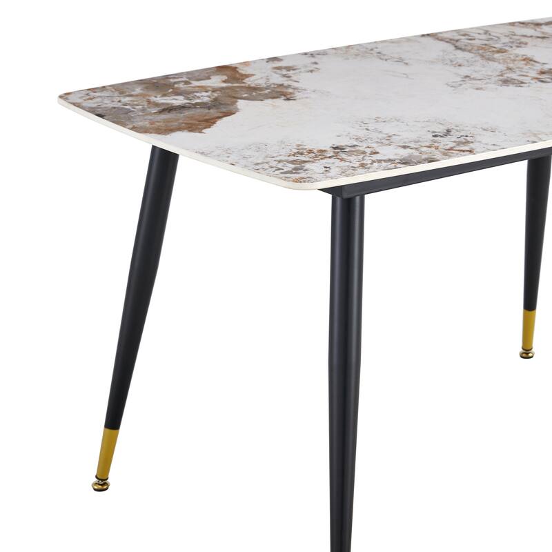 48.4" 5-Piece Sintered Stone Dining Table Set with 4 PU Chairs, Curved Widened Cushions, Pandora Patterned Rock Slab Desktop