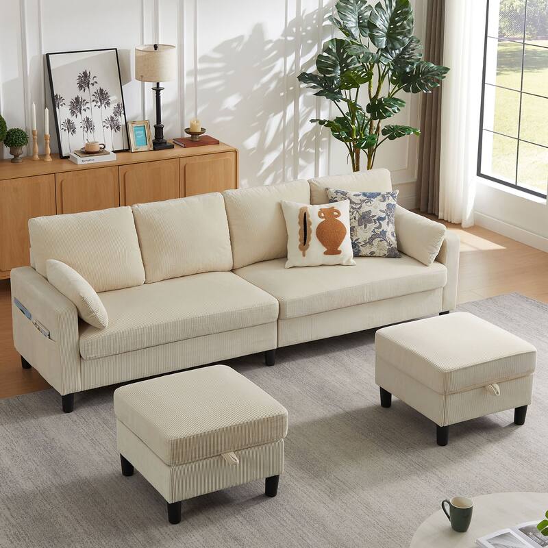 101" Corduroy U Shaped Sectional Sofa with Storage Ottoman