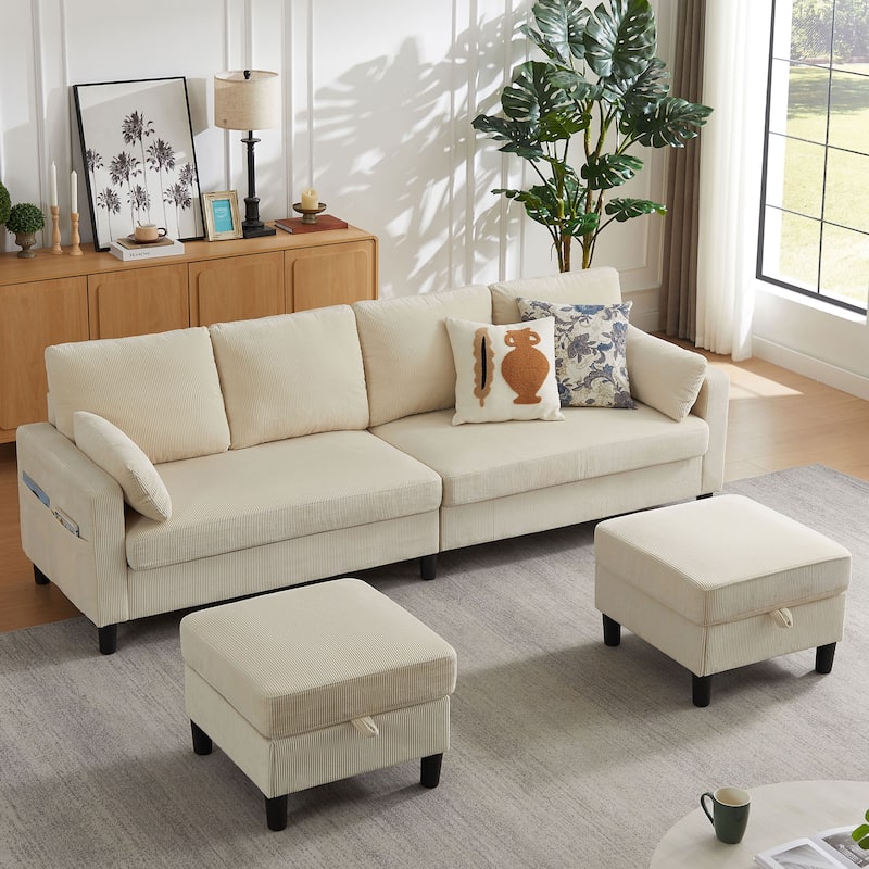 101'' Corduroy Upholstered Sectional Sofa With Storage Ottoman