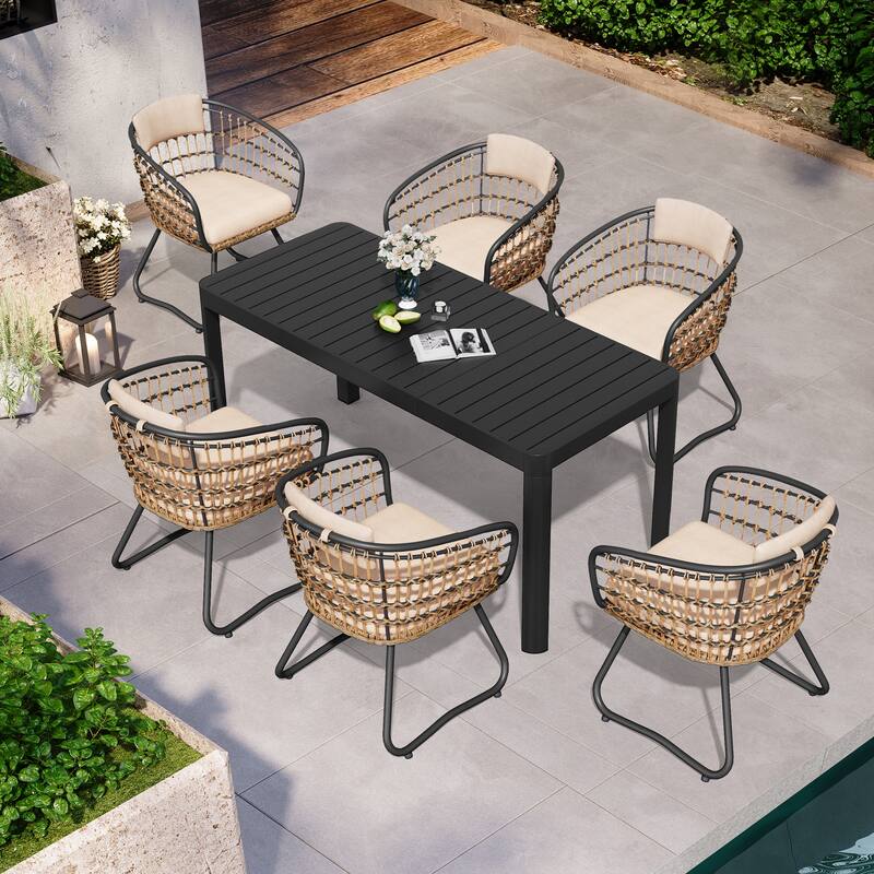 7/9PC Outdoor Aluminum Expandable Patio Dining Sets Extension Table with Rattan Chair - Table-Grey&Chair-Beige-7PC