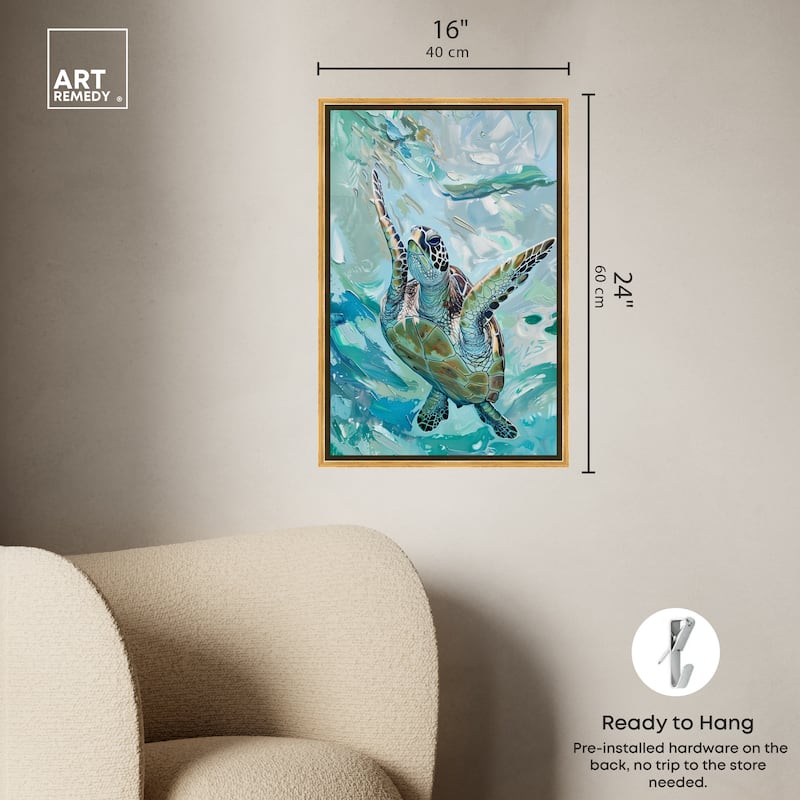Art Remedy Serene Turtle Framed Colorful Coastal 1 Piece Canvas Wall Art