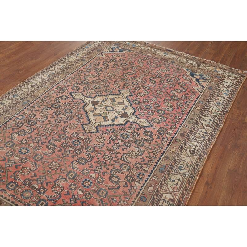 Pink Geometric Hamedan Persian Vintage Area Rug Handmade Wool Carpet - 4'8" x 6'10"