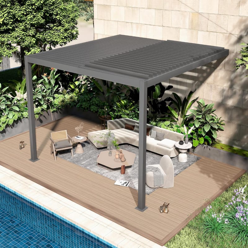 EROMMY Outdoor Louvered Pergola Gazebo with Adjustable Aluminum Rainproof Roof and Pull-Down Screen