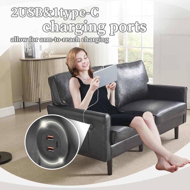 Loveseat Sofa,Mid Century Modern Love Seat, 2 Seater Sofa Couches For Living Room,Small Couch With Usb & Removable Pillow Cover