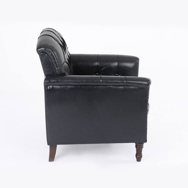 Set of 2 Tufted Vegan Leather Armchairs with Nailhead Trim and Wood Frame