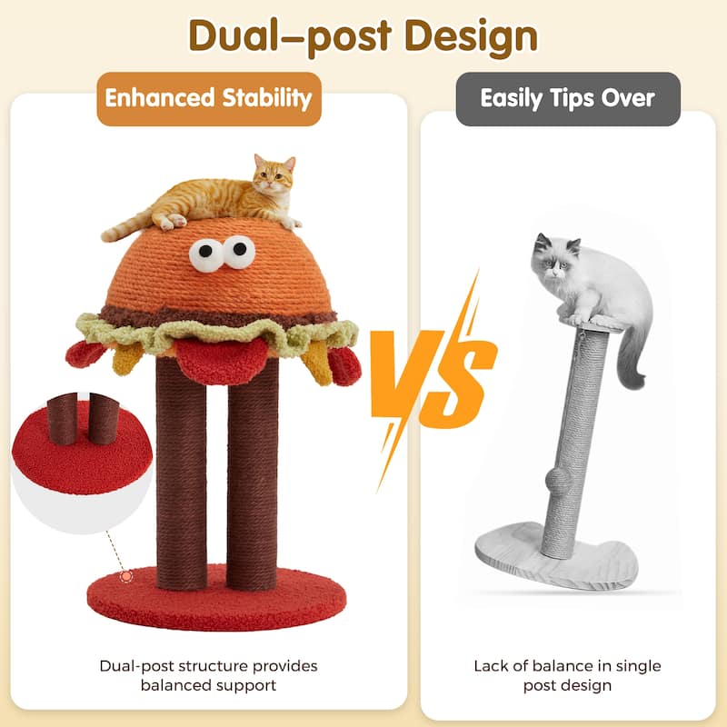 EROMMY Hamburger Cat Scratching Post with Dual Natural Sisal Posts, Cute Durable Cat Scratcher for Indoor Cats and Kittens