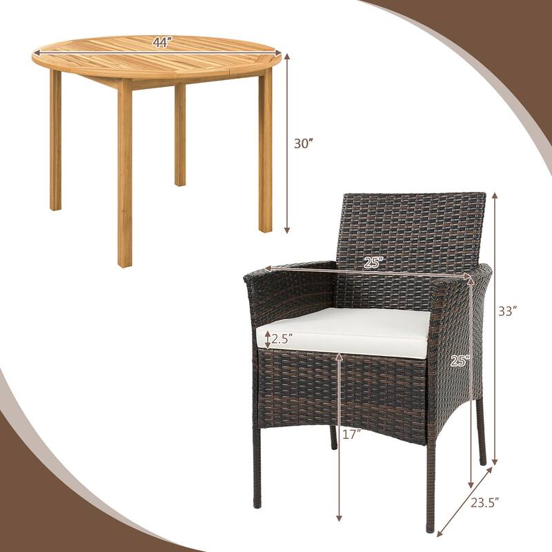 Gymax 5 PCS Patio Dining Set Round Acacia Wood Table 4 Cushioned
