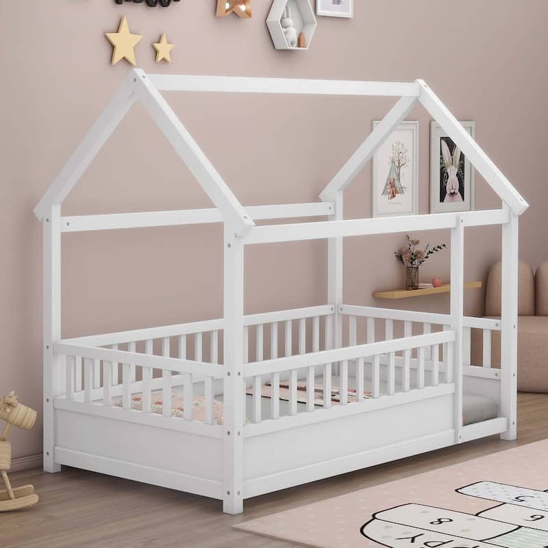 Twin Size Floor Wooden Bed with Fence Guardrails