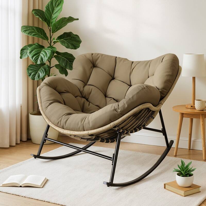 FINCATI Indoor Deep-seating Rocking Papasan Chair, Rocking Chair Outdoor, 450 lbs Outdoor Rocking Chair, Oversized Rocker Chair - 1 PC-Brown