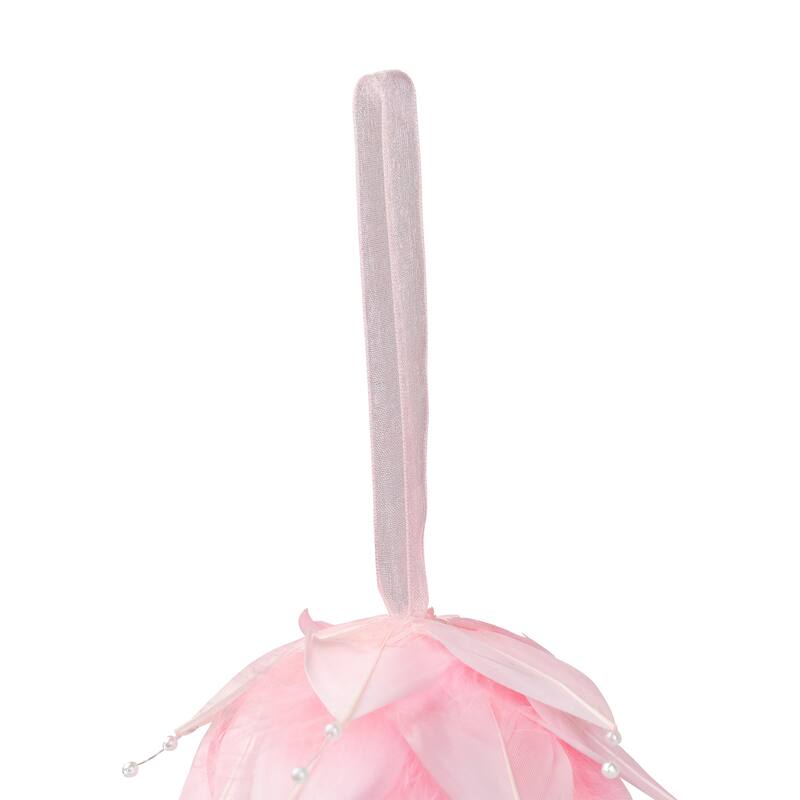 Feathered Ball with Pearls Christmas Ornament - 4.25" - Pink and White