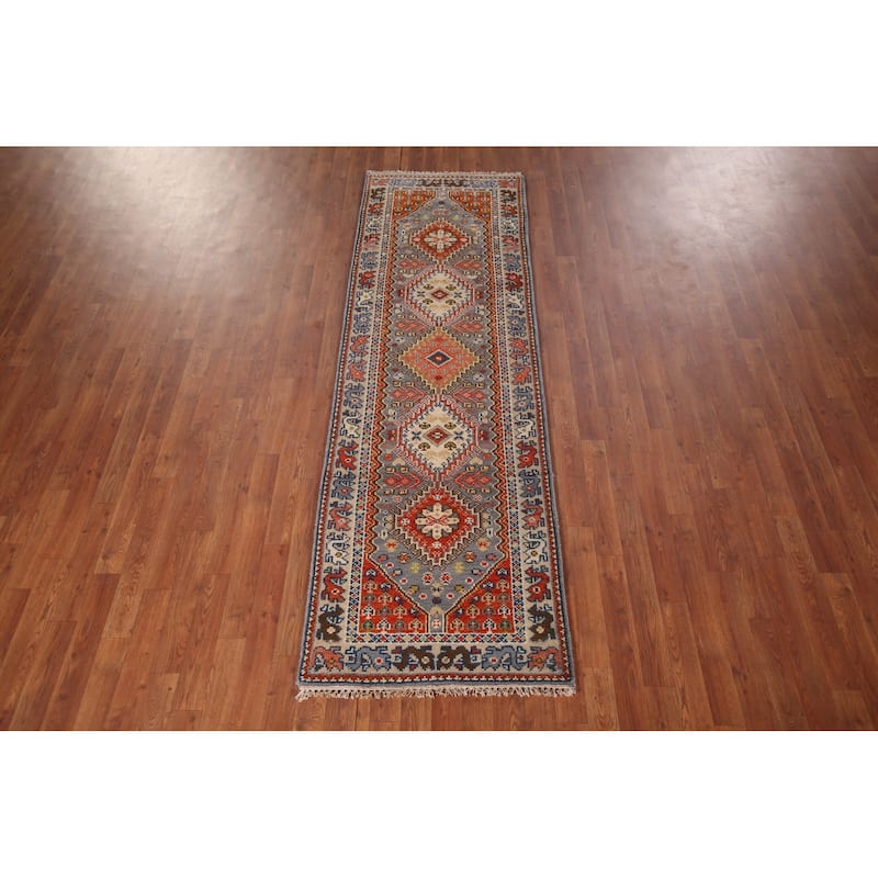 Gray Geometric Kazak Oriental Runner Rug Handmade Wool Carpet - 2'6"x 8'0"