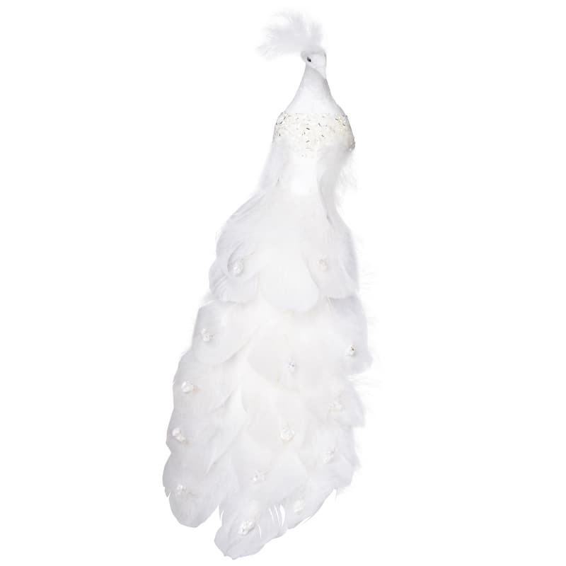 Glittered Peacock Clip-on Christmas Ornament - 14" - White
