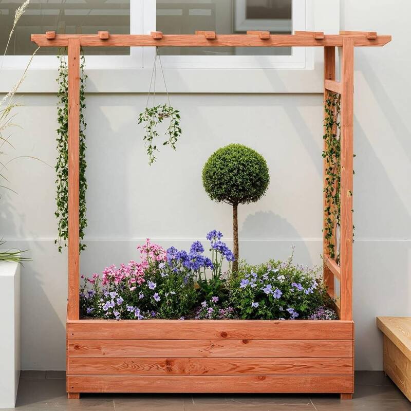 Freestanding Garden Bed Raised Wooden Planter Box with Trellis