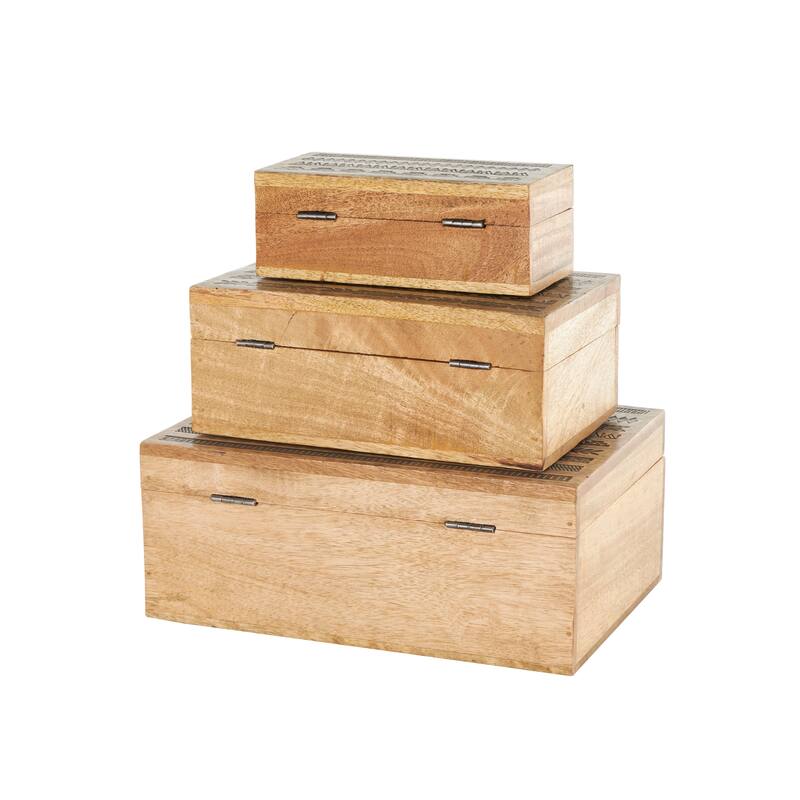 Brown Mango Wood Handmade Storage Scroll Box with Gold Accents (Set of 3)