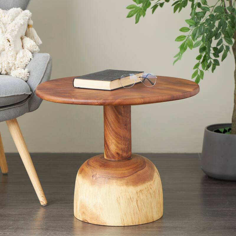 Brown Wood Handmade Side End Accent Table with Cylinder Block Base
