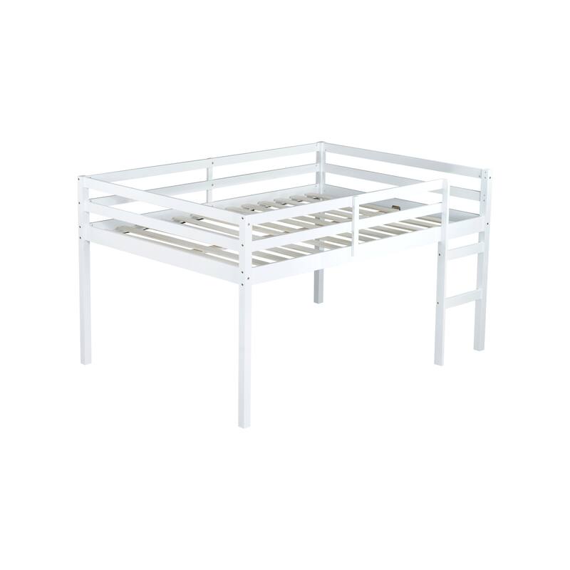 Roomfitters Full Rubber Wood Loft Bed with Ladder, Reinforced Slat Platform, Low Height Space Saving Design