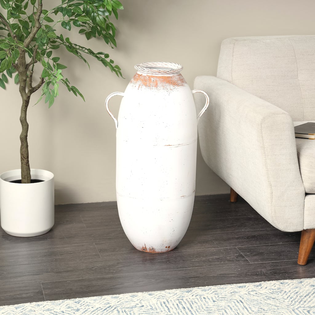 White Metal Vase with Antique Distressing and Terracotta Accents