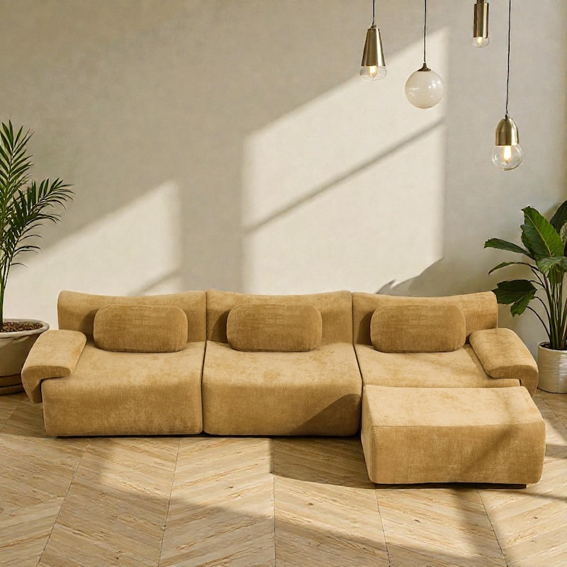 Modular Chenille Sofa Set with Armchair, Extra Large Deep Seat 3 Seater Compression Couch with Pillows