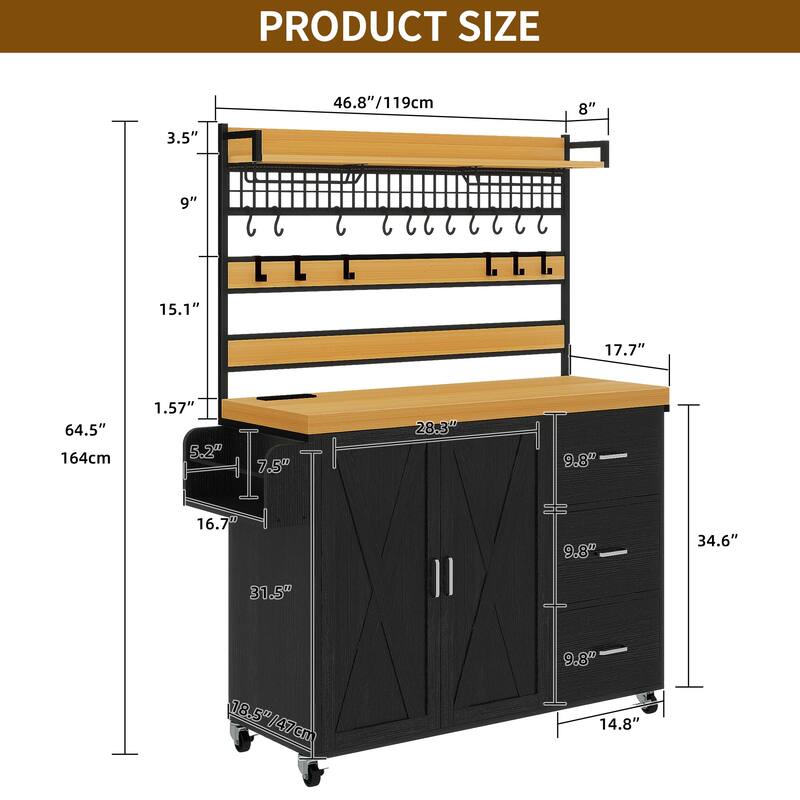 Moasis Large Rolling Kitchen Island With Power Outlet & LED Light, Storage Cabinet With Tall Shelf