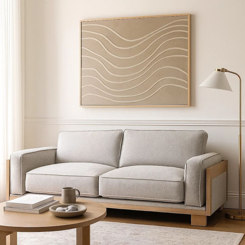 Denu Sofa, Light Brown Fabric Padded, Welt Trim Details, 93 Inch