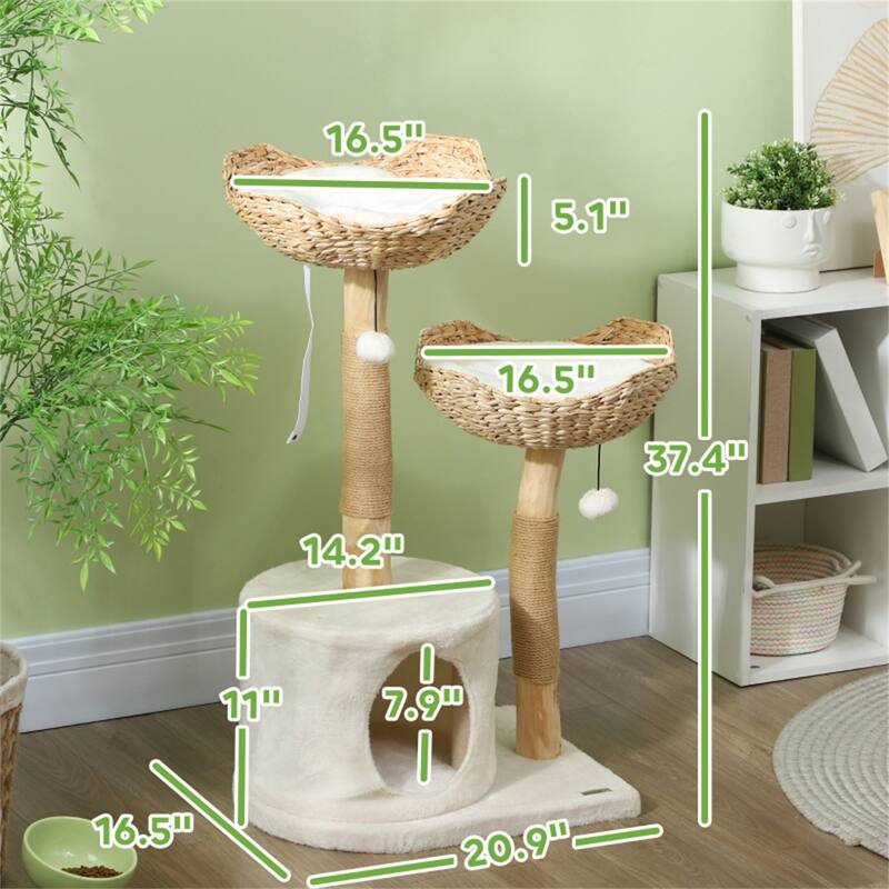 Cream White Cattail Cat Tree with Removable and Washable Cushion - 20.9" W x 16.5" D x 37.4" H