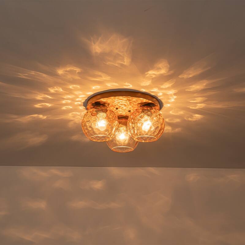 3-Light Rustic Wood Flush Mount Ceiling Light with Textured Amber Glass Shades - Dia.16.54-in