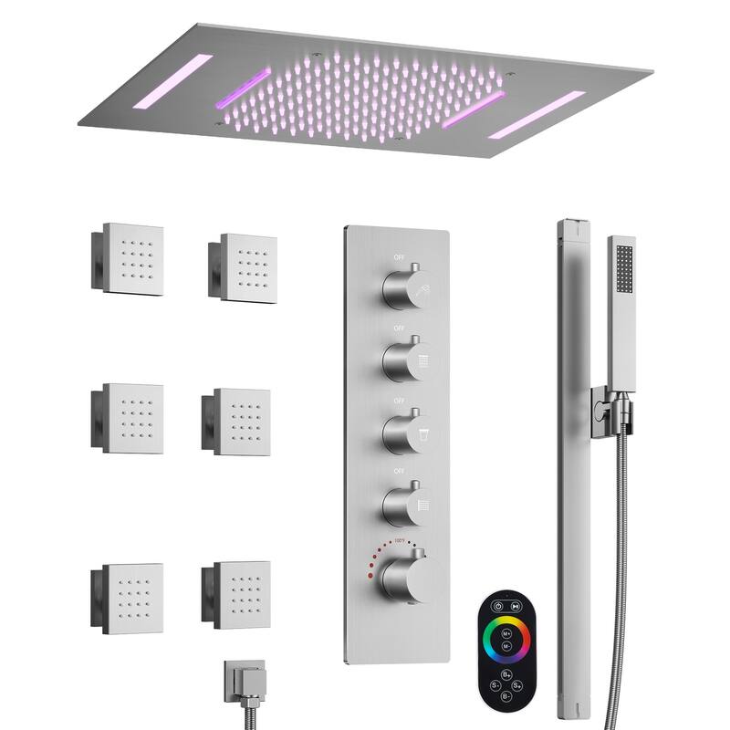 GRANDJOY Luxury Shower Faucets 22" LED Ceiling Mount Rainfall Shower Head System with 6 Body Jets - Brushed Nickel