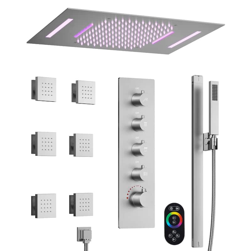 GRANDJOY Luxury Shower Faucets 23" LED Ceiling Mount Showerhead System with 6 Body Jets - Brushed Nickel