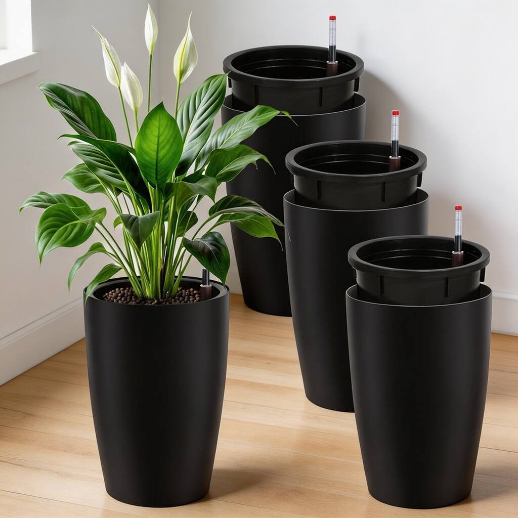 Set of 4 16-in Tall Self-Watering Planters with Built-in Drainage and Water Level Monitor Black