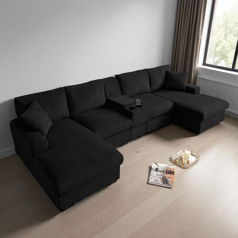 126" U-Shaped Cloud Couch Sectional with Double Chaise, Console, Cup Holders and USB, Oversized Corduroy Sofa - Black
