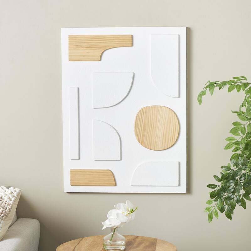 White Wood Dimensional Art Deco Shapes Geometric Home Wall Decor with Brown Accents
