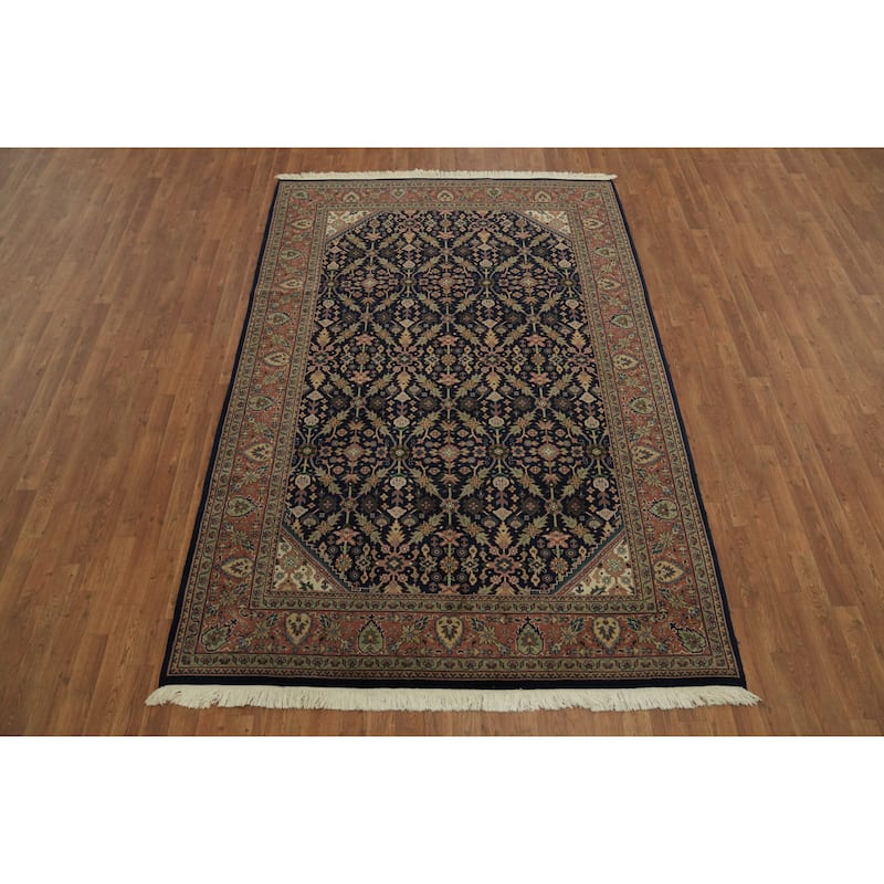Hand Knotted Oriental 100% Wool Carpet Traditional All-Over Navy Blue & Blues Tabriz Area Rug - 8' 10'' X 5' 9''